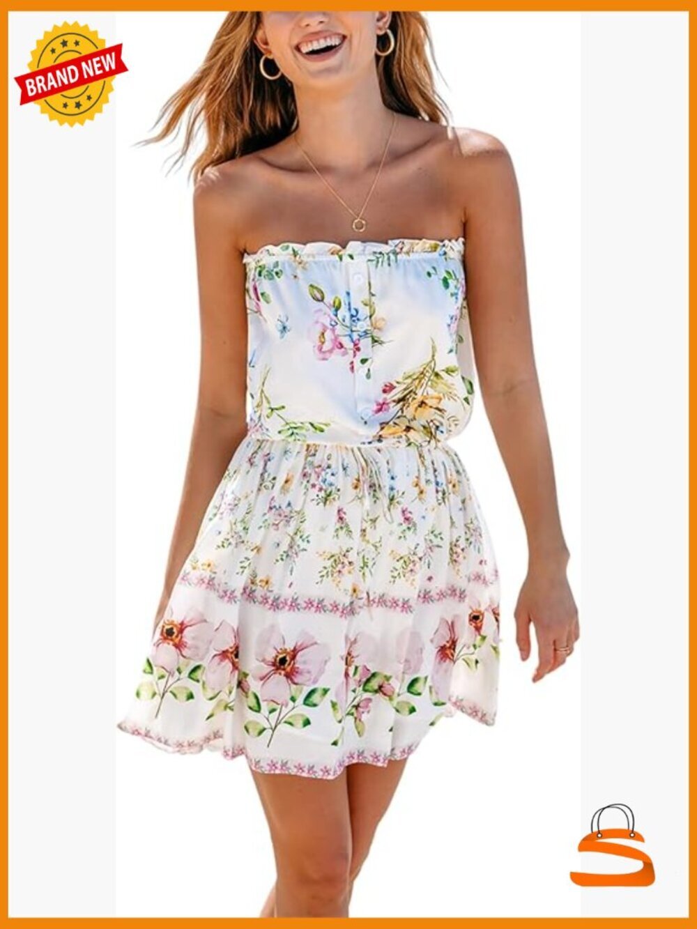 Strapless Floral Mini Dress with Belted Ruffle